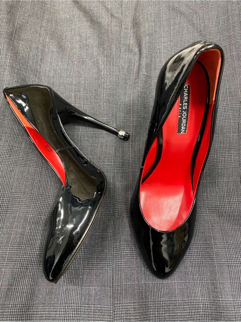 RARE AND NEW - Charles Jourdan Black Patent Pumps with Red Insole